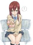  1girl bench blush bow box breasts brown_eyes contemporary erza_scarlet fairy_tail gift gift_box heart large_breasts long_hair long_sleeves mashima_hiro offering redhead school_uniform sitting skirt solo sweater valentine 
