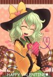  1girl blush green_hair happy_valentine hat heart heart_of_string komeiji_koishi miruki open_mouth smile solo third_eye touhou valentine 