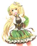  1girl arm_up armpits blonde_hair breasts candy cleavage corset detached_sleeves elsword flower frills green_eyes green_skirt hair_flower hair_ornament hair_ribbon hand_on_hip highres large_breasts lily_(flower) lollipop long_hair luoz mouth_hold pointy_ears ponytail rena_(elsword) ribbon skirt smile solo swirl_lollipop white_background 