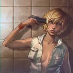  1girl blonde_hair blue_eyes breasts gun gun_to_head heather_mason ilya_kuvshinov lips lipstick makeup no_bra nose open_clothes pistol short_hair silent_hill_3 sleeveless_hoodie weapon wristband 