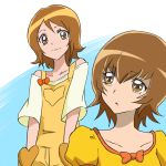  2girls bare_shoulders blue_background brown_eyes brown_hair color_connection crossover eyelashes gacchahero happinesscharge_precure! happy heart heartcatch_precure! looking_at_another looking_at_viewer multiple_girls myoudouin_itsuki oomori_yuuko open_mouth precure shirt short_hair smile tagme trait_connection white_background 