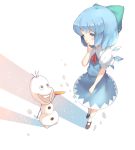  1girl blue_eyes blue_hair bow buck_teeth carrot cirno crossover dress finger_in_mouth footprints frozen_(disney) hair_bow hillly_(maiwetea) ice ice_wings olaf_(frozen) open_mouth puffy_sleeves smile snowman touhou white_legwear wings 