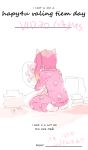  1girl controller cupcake-chan dan_kim game_controller gamepad long_hair original pajamas pillow pillow_hug pink_hair sitting socks solo twintails valentine 