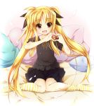  1girl bed blonde_hair blush fate_testarossa female heart heart_hands kanzaki_sora kneehighs long_hair lyrical_nanoha mahou_shoujo_lyrical_nanoha open_mouth pillow red_eyes shirt short_sleeves sitting smile solo striped striped_legwear twintails wariza 