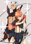  2boys archer cosplay dark_skin emiya_shirou fate/stay_night fate_(series) kill_la_kill living_clothes matoi_ryuuko matoi_ryuuko_(cosplay) midriff multiple_boys orange_hair pinki_(shounenkakuseiya) revealing_clothes school_uniform senketsu serafuku suspenders thighhighs white_hair yellow_eyes 