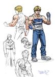  blonde_hair character_sheet cody_travers collage diepod facial_hair final_fight fingerless_gloves gloves highres jeans muscle solo striped stubble tank_top trench_coat 