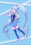  1girl blue blue_background blue_eyes blue_hair blue_legwear blue_skirt boots chiyo_(rotsurechiriha) crown cure_princess eyelashes hair_ornament hair_ribbon happinesscharge_precure! happy high_heels jewelry long_hair looking_at_viewer magical_girl open_mouth precure ribbon shirayuki_hime shirt skirt smile solo standing thighhighs thighs twintails very_long_hair wink wrist_cuffs zettai_ryouiki 