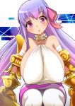  1girl :o bare_shoulders bow breasts claws fate_(series) gigantic_breasts hair_bow hair_ribbon highres long_hair o-ring_top oomochi_(16215775) parted_lips passion_lip purple_hair ribbon sideboob solo violet_eyes 