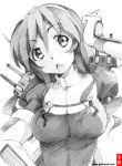  1girl ashigara_(kantai_collection) breasts gofu kantai_collection long_hair looking_at_viewer monochrome open_mouth simple_background solo white_background 