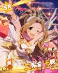  1girl ;d angel_wings artist_request brown_hair character_name green_eyes headband idolmaster idolmaster_million_live! long_hair musical_note nikaidou_chizuru official_art open_mouth ponytail signature smile stage_lights very_long_hair wings wink 