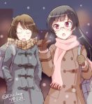  2girls bag black_hair blush brown_gloves brown_hair choukai_(kantai_collection) closed_eyes coat dated e20 glasses gloves hands_in_pockets kantai_collection long_hair maya_(kantai_collection) multiple_girls open_mouth plaid plaid_scarf red_eyes scarf short_hair shoulder_bag snowing twitter_username winter_clothes 