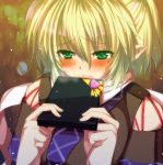 1girl blonde_hair blush box bust detached_sleeves frown gift gift_box green_eyes heart highres light_particles looking_at_viewer mizuhashi_parsee multicolored_background pointy_ears scarf short_hair solo sousakubito touhou 