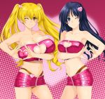  2girls bare_shoulders blonde_hair blue_eyes blue_hair breasts cleavage_cutout heart heart_cutout heart_hands heart_hands_duo huge_breasts kamia_(not_found) long_hair looking_at_viewer multiple_girls original short_shorts shorts twintails wink 