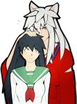  1boy 1girl animal_ears beads black_hair dog_ears higurashi_kagome inuyasha inuyasha_(character) japanese_clothes long_hair prayer_beads puroburebu-dan school_uniform serafuku silver_hair slit_pupils yellow_eyes 