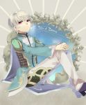  1boy belt cape copyright_name jacket male miclio_(tales) pants shoes sitting solo tales_of_(series) tales_of_zestiria violet_eyes white_hair yohachi 