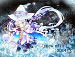  1girl 2014 animal_on_shoulder blue_eyes blue_hair cape character_name fingerless_gloves floating_hair gloves hair_ribbon hat hatsune_miku highres long_hair magical_girl rabbit ribbon skirt snowflakes solo twintails very_long_hair vocaloid wink witch_hat yuki_miku 