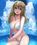  1girl atago_(kantai_collection) bikini blonde_hair breasts cleavage clouds hat highleg highleg_bikini highleg_swimsuit kantai_collection long_hair open_mouth sky smile solo swimsuit takane_soprano water 