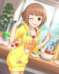  1girl ;p artist_request badge brown_eyes brown_hair button_badge idolmaster idolmaster_cinderella_girls kitami_yuzu official_art short_hair tagme tongue wink 