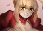  1girl 34_(hakunimu) ahoge blonde_hair blush cleavage_cutout fate/extra fate_(series) green_eyes heart huge_ahoge saber_extra short_hair smile solo 