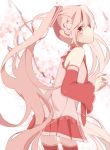  1girl cherry_blossoms detached_sleeves hatsune_miku long_hair looking_back necktie pink_eyes pink_hair sakura_miku skirt solo thighhighs twintails very_long_hair vocaloid 