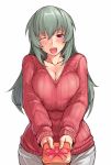  1girl ;d blush breast_squeeze breasts cleavage huge_breasts long_hair looking_at_viewer older open_mouth red_eyes ribbed_sweater rozen_maiden silver_hair smile solo suigintou sweater tsuda_nanafushi valentine wink 