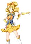  1girl blonde_hair boots bow bowtie brooch cure_honey earrings frills hair_bow hand_on_hip happinesscharge_precure! highres jewelry knee_boots long_hair magical_girl oomori_yuuko precure skirt smile solo white_background wrist_cuffs yellow_eyes yellow_skirt yuutarou_(fukiiincho) 