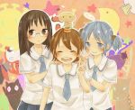  3girls aioi_yuuko blue_eyes blue_hair blush brown_eyes brown_hair cat deer glasses highres minakami_mai multiple_girls naganohara_mio necktie nichijou school_uniform short_hair smile tsuki_(kitu_tuki) twintails v 