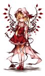  1girl alternate_wings ascot blonde_hair chain flandre_scarlet hat hat_ribbon laevatein looking_at_viewer mob_cap red_eyes ribbon sash shirt side_ponytail simple_background skirt skirt_set solo standing touhou toutenkou vest white_background wings wrist_cuffs 