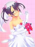  1girl black_hair blush bouquet breasts cleavage dress elbow_gloves flower gloves green_eyes hair_ribbon jewelry kantai_collection looking_at_viewer okuri_banto personification ribbon ring solo twintails wedding_dress wedding_ring zuikaku_(kantai_collection) 