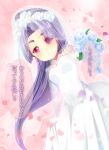  1girl blush bouquet dress flower hatsuharu_(kantai_collection) kantai_collection kimura_shiki long_hair looking_at_viewer personification petals ponytail purple_hair red_eyes rose short_eyebrows smile solo tears wedding_dress white_rose 