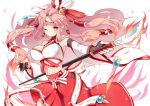  1girl breasts fingerless_gloves fishnets gloves hachimaki hair_rings hair_tubes headband kaki_s large_breasts long_hair looking_at_viewer mochizuki_chiyome_(p&amp;d) naginata navel pink_eyes pink_hair polearm puzzle_&amp;_dragons skirt smile solo weapon wink 