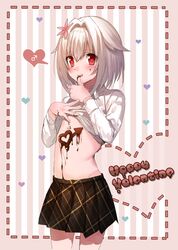  1boy androgynous chocolate erubo flower hair_flower hair_intakes hair_ornament happy_valentine heart heart-shaped_pupils mars_symbol original red_eyes shirt_lift short_hair silver_hair skirt smile solo spoken_heart striped striped_background symbol-shaped_pupils trap valentine yohane_bonaventura 