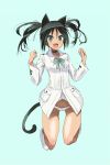  1girl animal_ears aqua_eyes black_hair cat_ears cat_tail fang francesca_lucchini hair_ribbon highres jumping looking_at_viewer military military_uniform navel no_pantes oi_ke open_mouth panties ribbon solo strike_witches striped striped_panties tail twintails underwear uniform 