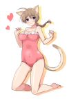  1girl ahoge animal_ears blue_eyes braid breasts brown_hair cat_ears cat_tail heart highres kneeling large_breasts long_hair looking_at_viewer lynette_bishop navel oi_ke one-piece_swimsuit smile solo strike_witches swimsuit tail 