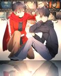  2boys 2girls black_eyes black_hair closed_eyes dual_persona ene_(kagerou_project) film_strip fumio_(kanmi) glowing glowing_eyes hair_ornament hairclip hand_on_head highres hoodie kagerou_project kisaragi_shintarou kneeling loss_time_memory_(vocaloid) multiple_boys multiple_girls red_eyes scarf short_hair sitting smile sweater tateyama_ayano 