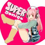  1girl boots character_name headphones hoodie long_hair looking_at_viewer nitroplus open_mouth pink_hair red_eyes smile solo super_sonico 