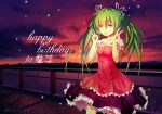  1girl 2014 absurdres dated double_v dress green_eyes green_hair happy_birthday hatsune_miku highres long_hair solo sunset tapiokaro_(ximilul) twintails v vocaloid 