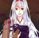  1girl brown_eyes ecriture flight_deck hair_ribbon japanese_clothes kantai_collection lowres muneate open_mouth personification ribbon shoukaku_(kantai_collection) silver_hair single_glove smile solo yugake 