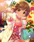  1girl bag bell breasts brown_hair christmas cleavage coat female fur fur_collar fur_trim gift green_ribbon holding_gift honda_mio idolmaster idolmaster_cinderella_girls jewelry jpeg_artifacts light_smile lights looking_at_viewer miniskirt necklace official_art paper_bag ribbon short_hair skirt solo tagme yellow_eyes 