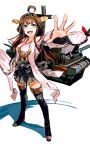  1girl ahoge boots brown_hair cannon detached_sleeves full_body grey_eyes hand_on_hip headgear kantai_collection kongou_(kantai_collection) mecha_musume outstretched_arm pleated_skirt skirt so-bin solo thigh_boots thighhighs wide_sleeves zettai_ryouiki 