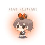  1girl black_eyes blush brown_hair chocolate chocolate_heart food heart kaga_(kantai_collection) kantai_collection lowres object_on_head rebecca_(keinelove) ribbon short_hair side_ponytail sitting sparkle valentine 
