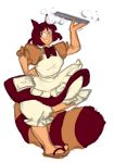  1girl abstract_cactus adapted_costume animal_ears apron bloomers bow brown_eyes brown_hair futatsuiwa_mamizou glasses hand_on_hip maid raccoon_ears raccoon_tail sketch smile tail touhou tray underwear 