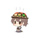 1girl black_eyes blush brown_hair food food_as_clothes food_themed_clothes kaga_(kantai_collection) kantai_collection lowres object_on_head rebecca_(keinelove) short_hair side_ponytail sitting 