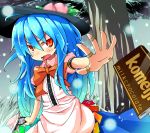  1girl bag bandaid blue_hair blush censored chocolate commentary_request dorowa_no_hito fake_censor fang food fruit hat highres hinanawi_tenshi long_hair open_mouth peach puffy_sleeves red_eyes shirt short_sleeves skirt snowing solo throwing touhou tree tsundere valentine very_long_hair wavy_mouth 