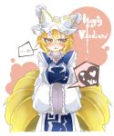  ... 1girl blonde_hair blush breasts eyelashes fox_tail goku_(acoloredpencil) hands_in_sleeves hat heart highres large_breasts looking_away multiple_tails slit_pupils solo speech_bubble tabard tail touhou valentine white_background wide_sleeves yakumo_ran yellow_eyes 