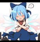  1girl blue_dress blue_hair blush bow box cirno closed_eyes do_(4-rt) dress flying_sweatdrops gift gift_box hair_bow heart highres ice ice_wings letterboxed object_hug open_mouth puffy_sleeves short_sleeves solo spoken_blush touhou valentine wings 