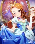  1girl blush brown_hair crown dress earrings gloves idolmaster idolmaster_million_live! jewelry long_hair minase_iori necklace official_art princess red_eyes smile solo wink 