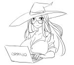  1girl :&lt; bespectacled brand_name_imitation breasts cleavage computer dragon&#039;s_crown glasses hat huge_breasts laptop long_hair matsu-sensei office_lady shirt sketch solo sorceress_(dragon&#039;s_crown) vaio witch_hat 