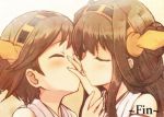  bare_shoulders brown_hair closed_eyes covering_mouth detached_sleeves engiyoshi hairband hiei_(kantai_collection) incipient_kiss japanese_clothes kantai_collection kiss_on_hand kongou_(kantai_collection) long_hair multiple_girls personification short_hair 