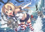  &gt;_&lt; 1girl airplane aki_(akisora_hiyori) anchor black_panties blonde_hair elbow_gloves gloves hairband highres kantai_collection long_hair open_mouth panties personification rensouhou-chan shimakaze_(kantai_collection) striped striped_legwear thighhighs underwear water white_gloves 